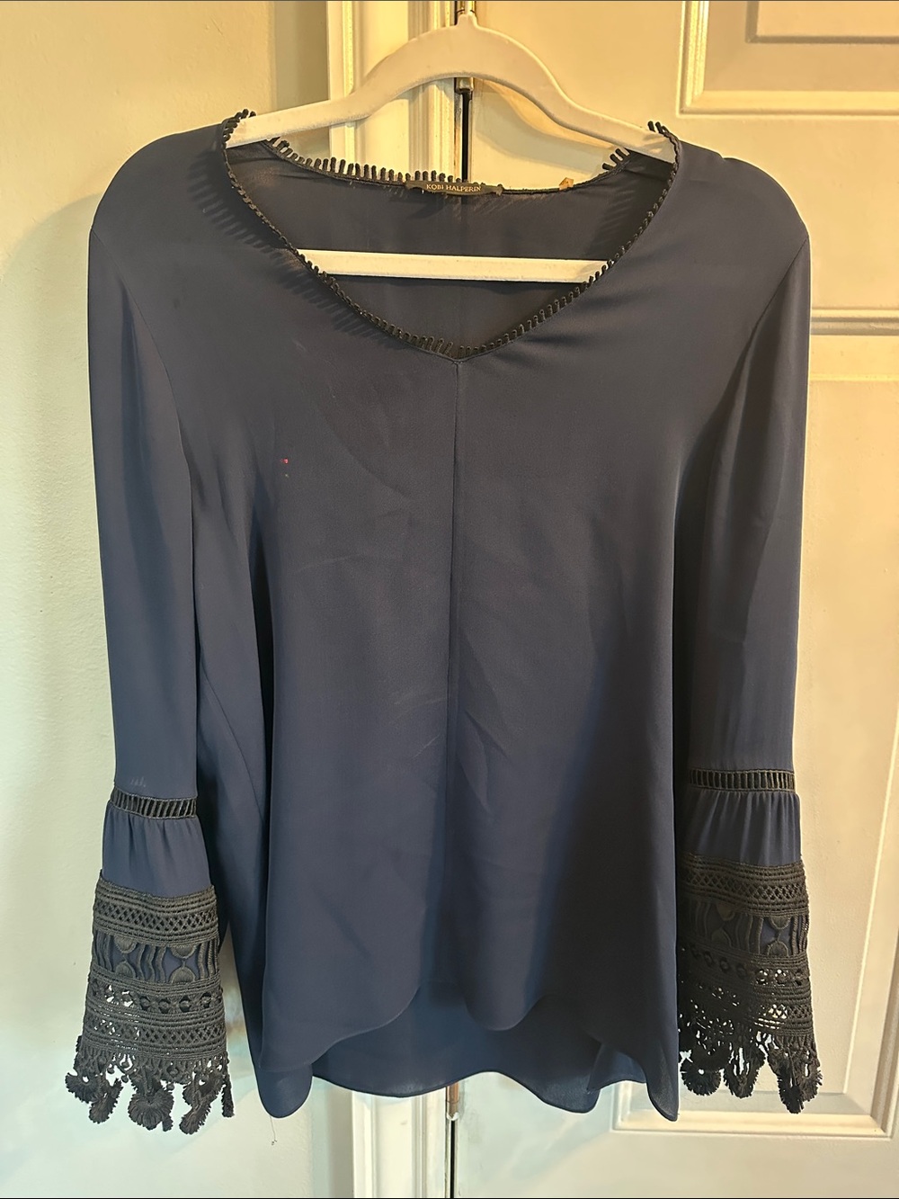 Kobi Halperin Navy Crochet Bell-Sleeve Top